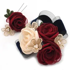 髪飾り ２点セット 赤 リボン パール 成人式 花 和風 浴衣 着物 振袖 袴 ドレス 七五三 子供 キッズ 結婚式お呼ばれ 卒業式 入学式 ヘアアクセサリー ヘアコーム 髪留め 大きめ 日本製 送料無料 エンジ W 65 324-202 u968　Si