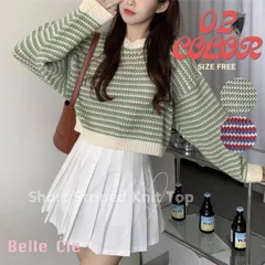 ニット プルオーバー トップス セーター 長袖 ボーダー カラフル レディース 韓国ファッション マルチボーダー かわいい ガーリー 短丈 秋冬 赤