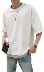 [Four leaf] Tシャツ メンズ 半袖 シンプル 無地 お洒落 重ね着風 ゆったり 五分袖 春 夏 (M, 白) [ホワイト] [M]