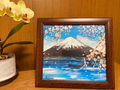 绘画「春に眺める富士山」アクリル絵/新品額縁