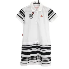 ★特価★【超美品】ルコック 半袖ポロワンピース 白×黒 袖・スカートボーダー ウエスト調節紐  レディース L ゴルフウェア le coq sportif