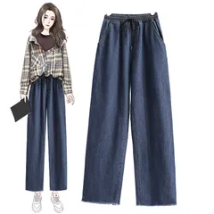 [ReiLuana] ジーンズ レディース デニム ワイド バギー パンツ ハイ ウエスト ゴム ゆったり 人気 可愛い おしゃれ ボトムス 美脚 ロング ズボン 着痩せ シンプル カジュアル 大人 カーゴ 切りっぱなし 柔らかい ハイ ウエスト 紐  [M]