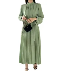 [Four leaf] 上品 プリーツ ロング ワンピース レディース 長袖 春 秋 きれいめ ハイウエスト ドレス ロングワンピ フォーマル セミフォーマル リボン ロング丈 春物 大きいサイズ (JP, アルファベット, L, グリー [グリーン] [L]