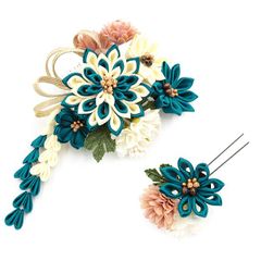 髪飾り 成人式 つまみ細工 ゴールド 振袖 前撮り 袴 花 青 青緑 緑 白 下がり 組紐 ビーズ 和柄 小さい 2点セット 着物 和装 No.9-5321