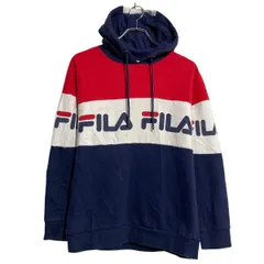 FILA ロゴスウェット パーカー S レッド ホワイト バッグプリント プルオーバー 裏起毛 古着卸 アメリカ仕入 a612-6643