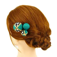 髪飾り 成人式 振袖 前撮り 袴 花 浴衣 夏祭り 花火大会 3点セット 緑 ちりめん 玉飾り 格子 ヘアアクセ かんざし 新作 ヘッド No.9-3274