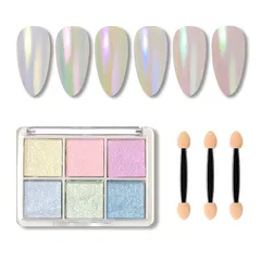 オーロラ粉きんぞくふん 爪固め6色トレイ ミラーパウダーセット カラーミラーパウダー [ALLVD] 自宅DIY爪のパーツ 細 スポンジチップ付着 (01)