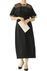 [MORE AUNI] パーティー ドレス 結婚式 オフショル風 レース フレア フリル セミ タイト ワンピース 2次会 1.5次会 お呼ばれ サマー ウィンター スプリング オータム 大きいサイズ ボディコン ニ [ブラック / 77000043] [L]