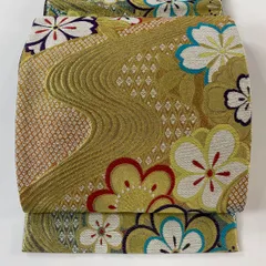 【美品】 袋帯 秀品 振袖向き 桜 梅 金銀糸 金色 六通 正絹 【中古】