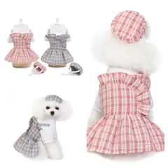 犬 服 ワンピース 春夏 帽子 ペットウェア ペット服 ペット用品 犬の服 ドッグウェア ワンピース  可愛い チェック柄フリルワンピース＋帽子付き