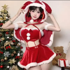 【新品】フードポンチョ＆カチューシャ付♥セクシー可愛いサンタ　衣装　イベント　コスチューム　クリスマス　Christmas　プレゼント　撮影会　パーティー　ふわふわ　可愛い　エロ可愛い　誘惑　ルームウェア　リボンランジェリー　バレンタイン　衣装　トナカイ