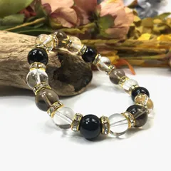 スモーキークォーツ×水晶×オニキス パワーストーン ブレスレット10mm（ゴールド）メンズ・レディース 男性・女性 数珠ブレス 開運  [3] 