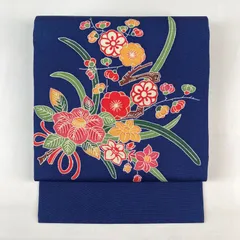 【 名古屋帯 】正絹　橙　松　雲取り　鳥　ちりめん　紅型　しゃれ帯　P-217 紅型 名古屋帯」紅型染名古屋帯 縮緬地 赤橙色 全通柄染め名古屋