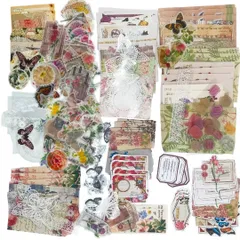 【迅速発送】コラージュ 素材 シール 詰め合わせ 人気 GUAN フレークシール 260枚 超大量ステッカー レトロ デザインペーパー 英文 セット 紙素材 和紙 カード PET 手 ジャンクジャーナル 本 包装ギフト デコシール (花の世界)