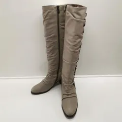 +az ロングブーツ グレー Mサイズ 約23～23.5cm ヒール約6cm 筒丈約41.5cm サイドギャザー フリル レザー レディースシューズ#10550
