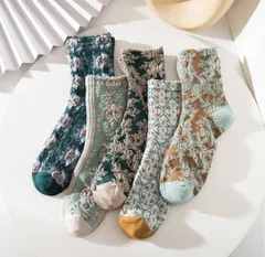レディース靴下 5足セット 花柄 ダマスク柄　ソックス　レトロ　ガーリー　爽やか