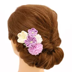 髪飾り 成人式 つまみ細工 振袖 前撮り 袴 浴衣 夏祭り 花火大会 豪華3点セット 紫 薄紫 白 ちりめん ラインストーン ヘアアク No.9-3664