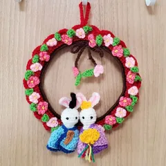 リース　あみぐるみ　３月　桃の花　節句　お雛様　ひな祭り　季節　飾り物