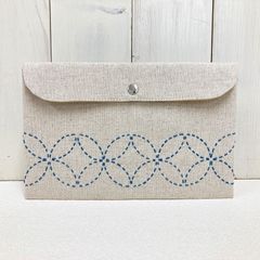 フラットポーチ【七宝 青】　刺し子・綿麻・コットン