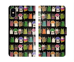  iPhone15 ケース スカラー スマホケース 手帳型 iPhone16 ケース iPhone 16 15 14 13 SE 第3世代 第2世代 スマホカバー 全機種対応 手帳 ScoLar ネコいっぱい 猫柄 アフロ猫と仲間 ブラック