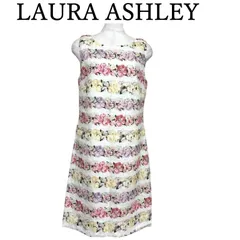 ローラアシュレイ アーカイブ　ノースリーブワンピース 　花柄　ローズプリント　膝下  リネン ホワイト　ピンク　イエロー  38号