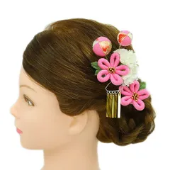 髪飾り 成人式 振袖 前撮り 袴 花 2点セット ピンク 白 ゴールド ちりめん ビラ 玉飾り 組紐 和柄 かんざし かわいい 粋 日本 No.9-2982