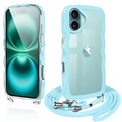 iPhone 16 用 ケース ショルダー クリア いphone16 スマホケース カバー アイフォン16 透明 TPU ストラップ付き 肩掛け 首掛け 紐付き 斜めがけ 創意 個性 可愛い かわいい 韓国 耐衝撃(すんだ水色)