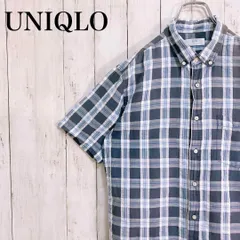 ユニクロ 半袖ボタンシャツ チェック ポケット付き メンズ L ボタンダウン 青 used in Japan