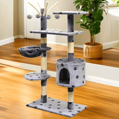 国内発送スタイリッシュなグレーの猫用スクラッチポスト、足跡デザイン、127.0cmのシサルロープ - 爪のケア＆遊びに最適