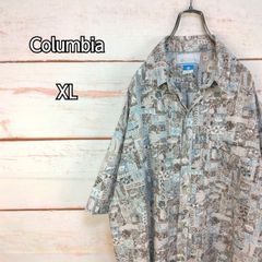 Columbia コロンビア 半袖ボタンダウンシャツ ロゴ入り胸ポケット付き ベージュ系 総柄 メンズ XLサイズ