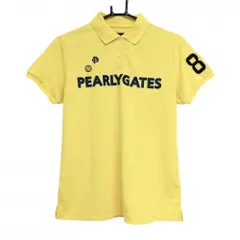 【美品】パーリーゲイツ 半袖ポロシャツ イエロー×ネイビー フロントロゴ ニコちゃんスマイル レディース 2(L) ゴルフウェア PEARLY GATES