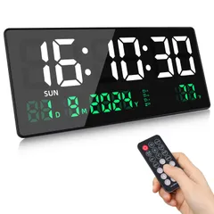 新品 Koolertron デジタル時計 大画面 デジタル 時計 壁掛け 大型 気温/日付表示 明るさ調節&音量調整 アッリモコン付き USB給電 大きく見やすく目の悪い高齢者にも (白、グリーン 15.5”)