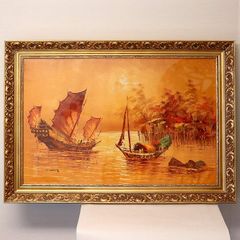 ○美品 【美術品：刺繍絵】白頭山・天池 88cm × 50cm (額縁含む