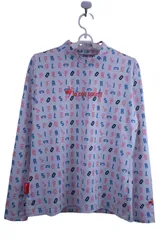 【美品】le coq sportif(ルコックスポルティフ) 長袖モックネックシャツ 白地ピンク青アルファベット柄 レディース L QGWTJB00 ゴルフ用品 2504-0978 中古