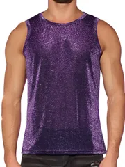 Lars Amadeus メンズ スリムフィット シャイニング ノースリーブ クラブ シースルー ベスト用 スパンコール タンク トップ パープル XL
