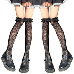 [Belle Iza Bella] ニーハイソックス オーバーニー サイハイ ソックス レディース ロリ系 レース フリル 付き 靴下 2足セット にーはい さいはい そっくす くつした はいそっくす ハイソックス ハ [ブラック×2] [Free Size]