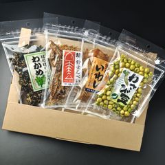 メルカリshop限定　お買得お試し4点セット(各50g)　わかめせんべい　キス骨せんべい　炙りいわし　わさび豆　築地より