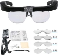ルーペ LEDメガネ ヘッドルーペ レンズ 1.5倍 2.5倍 3.5倍 5倍 レンズ交換 拡大鏡 角度調節 メガネ両用 ライト付き めがねルーペ