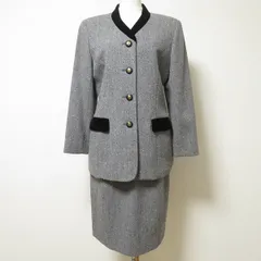 #wnc レリアン Leilian スカートスーツ セットアップ 9 グレー 黒 ツイード ノーカラー ベロア使い レディース [969655]