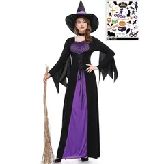 [マドルガーダ] 魔女 クラシカル 本格 コスプレ ロングスカート ブラック ドレス 黒魔女 ハロウィン 魔女 魔法使い ウィッチ コスプレ 魔女の帽子 ハロウィン タトゥーシール付き 3点セット レディース S795 (S)