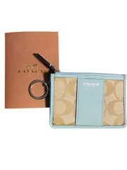 COACH コーチ カードケース パスケース シグネチャー ベージュ×ブルー キーリング付きHK