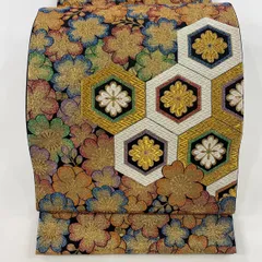 袋帯 美品 秀品 振袖向き 亀甲 桜 金糸 箔 金色 六通 正絹 【中古】