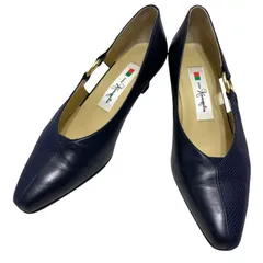 【美品】銀座かねまつ (23.5) パンプス アーモンドトゥ ローヒール サイドオープン 本革 レザー 希少デザイン