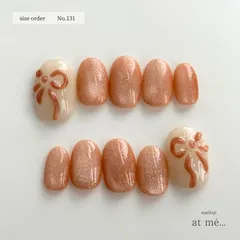 【sizeorder】No.131 リボンネイル オーダー マグネット ストーン キラキラ フラッシュラメ オレンジ サーモンピンク