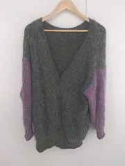 ◇ AS KNOW AS PINKY 配色 ミックス 長袖 ニット カーディガン サイズF ダークグリーン パープル系 レディース E  【1306160022852】