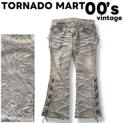 00s archive 日本製 トルネードマート TORNADO MART ジャガード織り ロープ 装飾 フレア デニム パンツ ジップアップ 5ポケット ハチノス ヒゲ アタリ 加工 LL ペイズリー柄 グレー メンズ