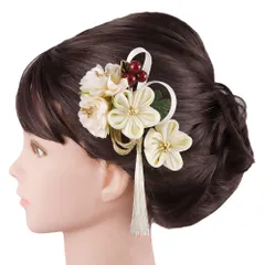 髪飾り 成人式 つまみ細工 ゴールド 振袖 前撮り 袴 花 白 ちりめん 房 組紐 ビーズ 小さい 2点セット 着物 和装 かんざし Uピ No.9-5622