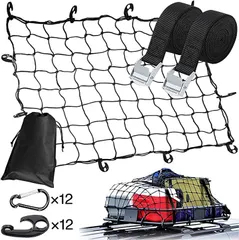 ETLIFE カーゴネット 車 荷締めベルト 付き 2.5m x 2本 フックx12 カラビナx12 収納ポーチ付属 荷物落下防止 荷崩れ防止 ルーフネット ラゲッジネット