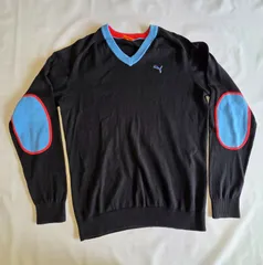 【PUMA】Vネック セーター｜メンズM｜ゴルフ・肘あて｜紺×水色×赤