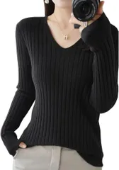 グリーンパキラ セーター レディース リブニット トップス vネックセーター 長袖 カットソー オフィスカジュアル プルオーバー ファッション 服 レディースカットソー(ブラック,  M)